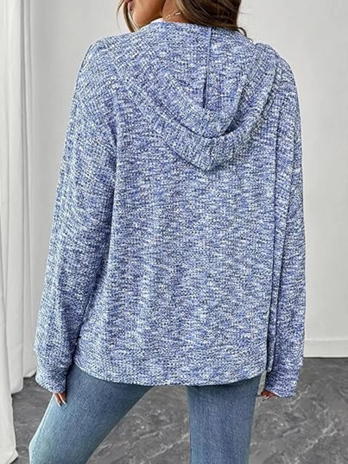 Zip-Up Drawstring Hooded Cardigan - Light Blue - View 4