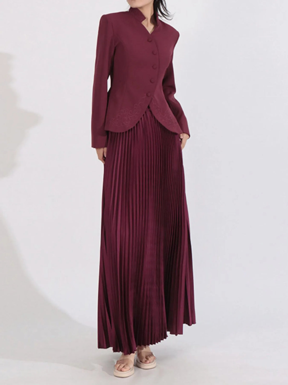 Button Up Long Sleeve Top and Pleated Skirt Set - Angora Red - View 4