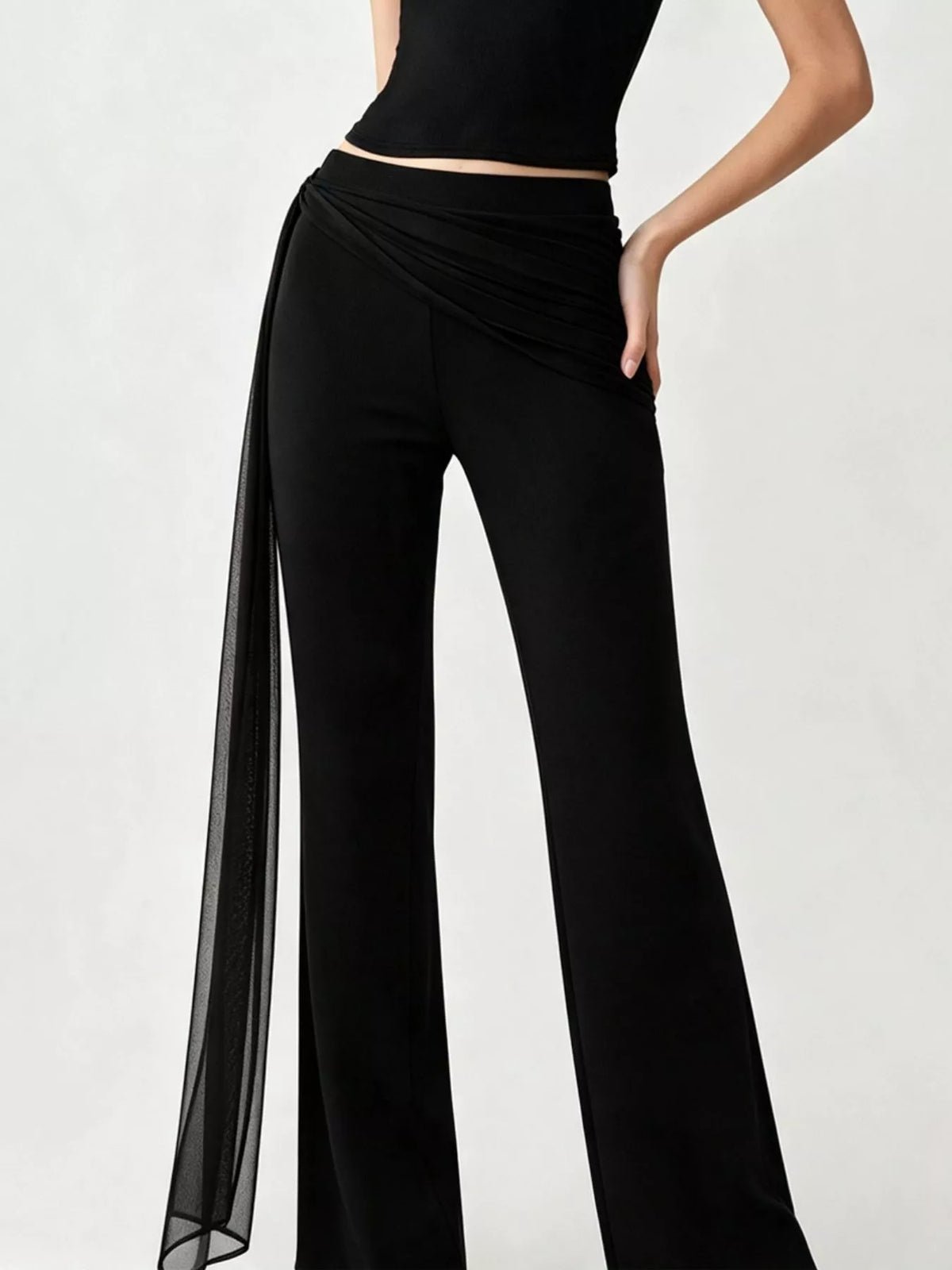 Draped Mesh Flare Pants - Black - View 2