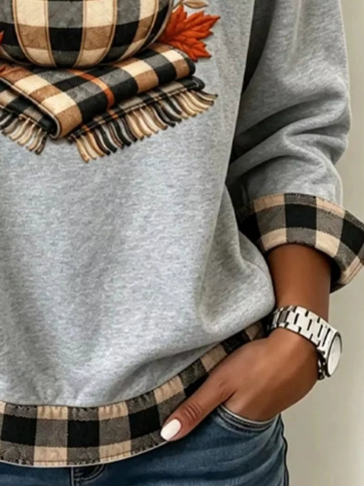 Full Size Pumpkin Plaid Patchwork Long Sleeve Sweatshirt Plus Size - Gray - View 2