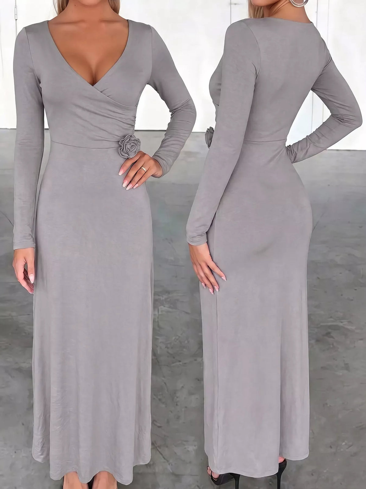 Surplice Long Sleeve Midi Dress - Gray - View 6