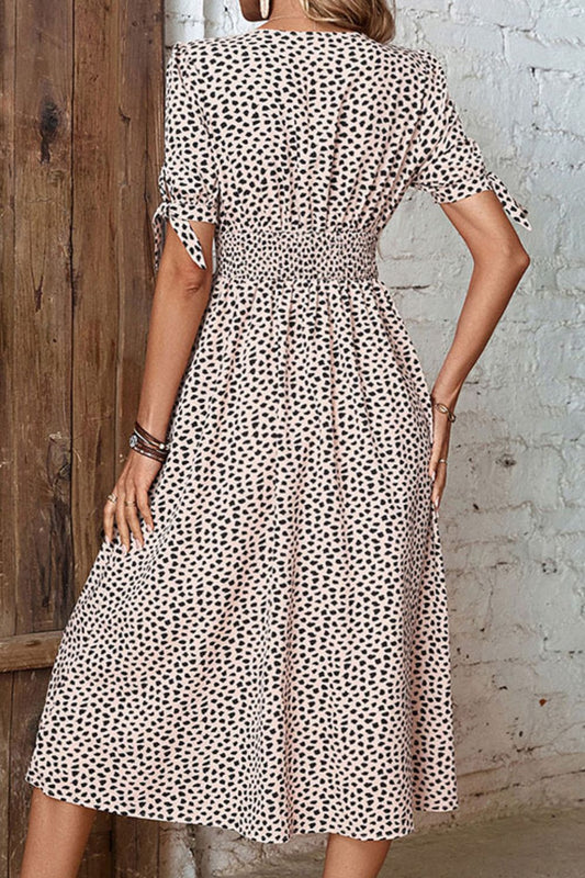 Perfee Animal Print Button Front V-Neck Tied Dress - Tan - View 2