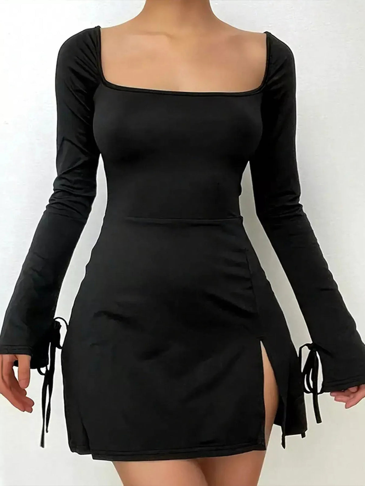 Slit Flare Sleeve Mini Dress - Black - View 1