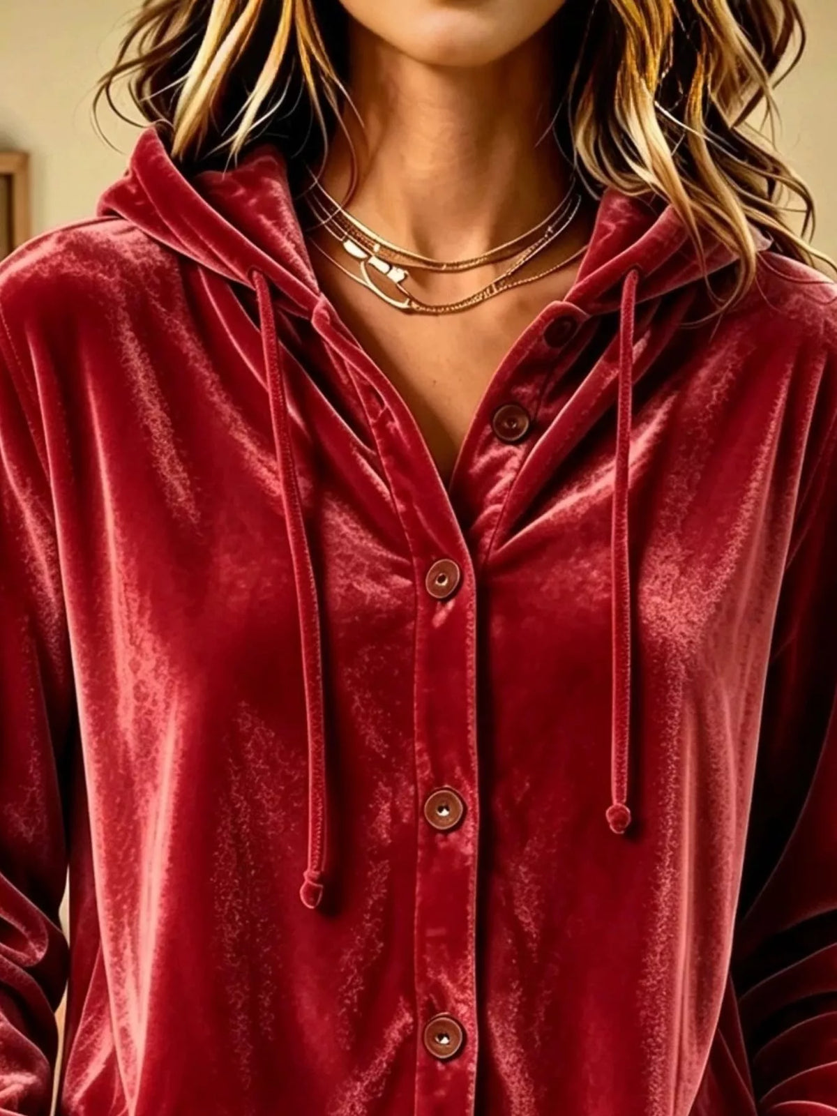 Full Size Velvet Button-Down Hooded Top Plus Size - Burgundy - View 2