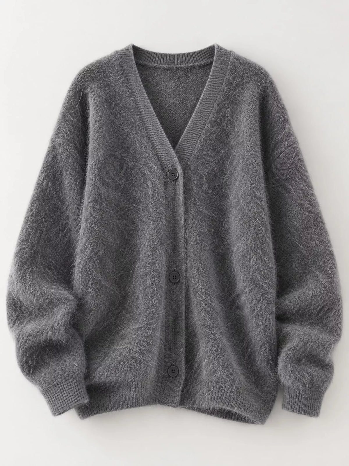 Fuzzy V-Neck Button-Down Cardigan - Gray - View 9