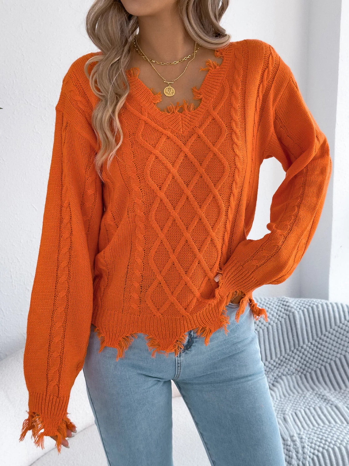 V-Neck Distressed Hem Cable Knit Sweater - Orange - View 5