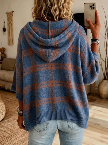 Full Size Drawstring Plaid Hooded Sweater Plus Size - Dark Blue - View 2