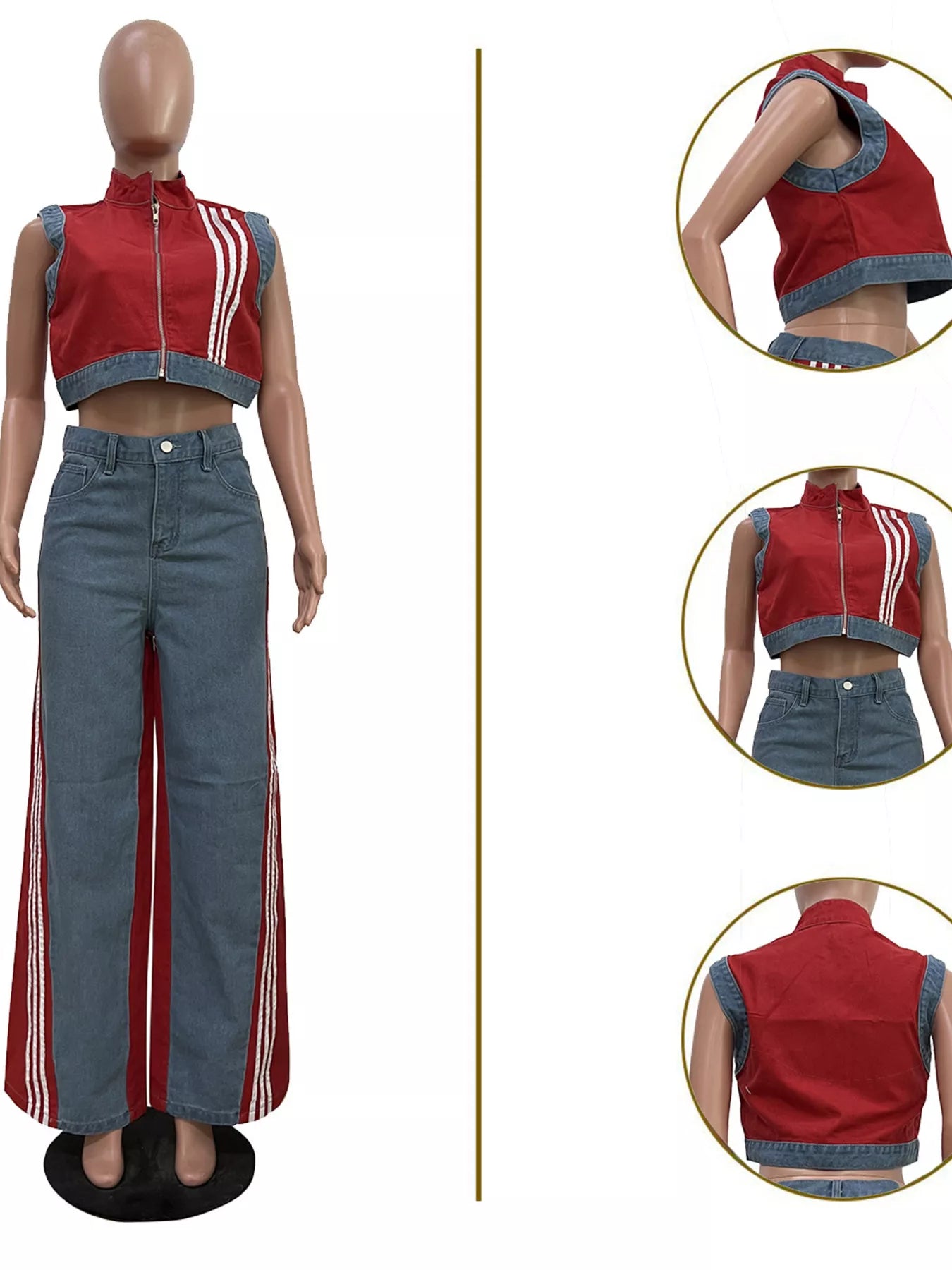 Zip Front Crop Top and Striped Pants Set - Red - Mannequin Detail Views