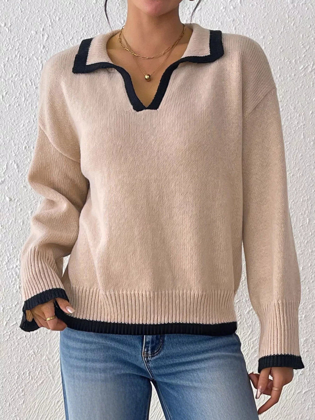 Contrast Trim Polo Collar Sweater - Khaki - View 1