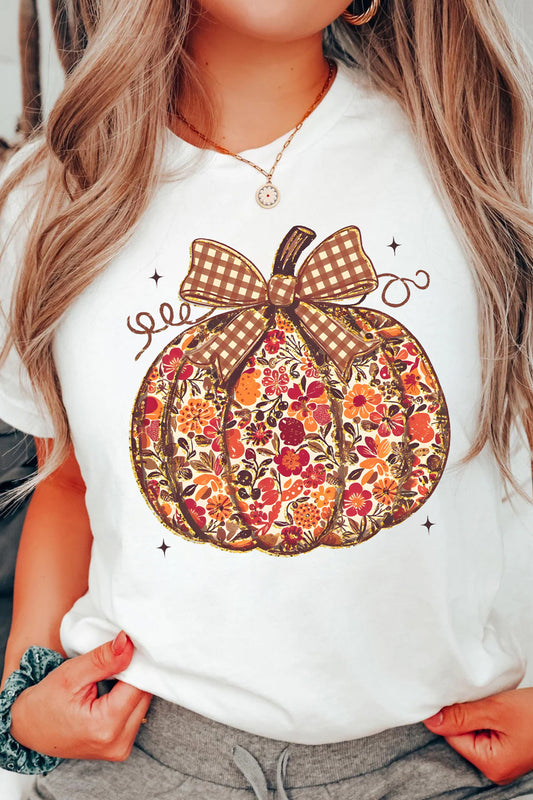 White Floral Pumpkin Print Round Neck Short Sleeve T-Shirt - White - 2