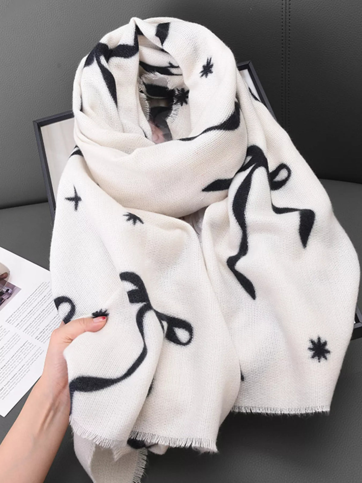 Bow Print Lightweight Scarf - White - View 1