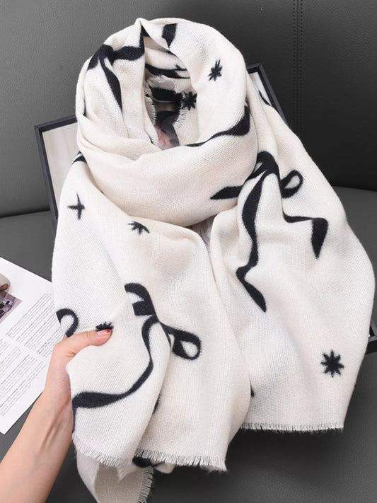 Bow Print Lightweight Scarf - White - View 1
