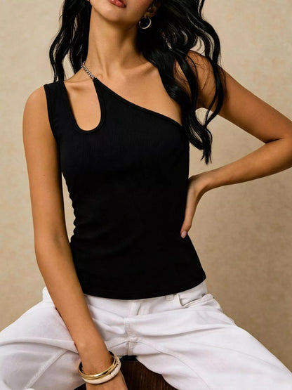 Cutout Asymmetrical Chain Strap Ribbed Tank - Black - View 3