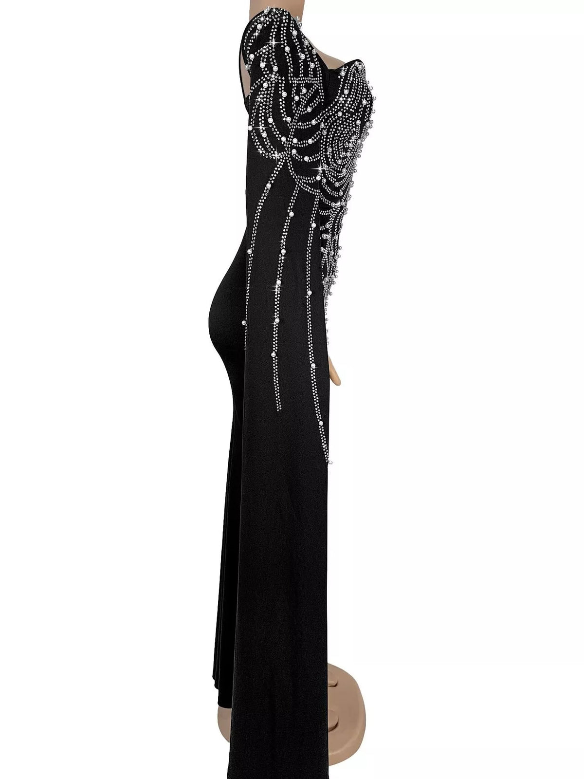 Rhinestone Pearl Detail One-Shoulder Mermaid Maxi Dress - Black - View 5