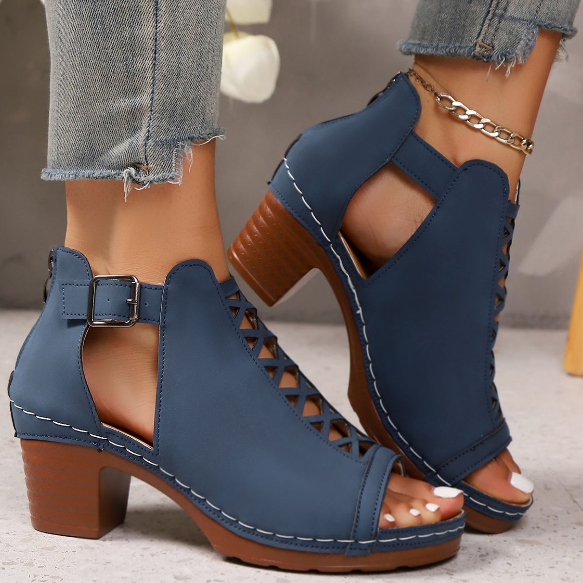 Open Toe Block Heels Sandals - Navy Blue - View 12