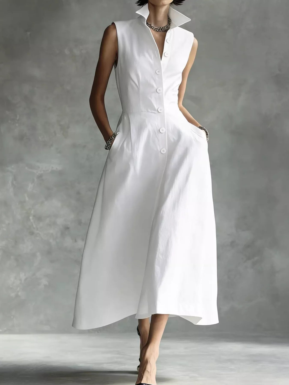 Sleeveless Button-Down Midi Shirt Dress - White - View 6