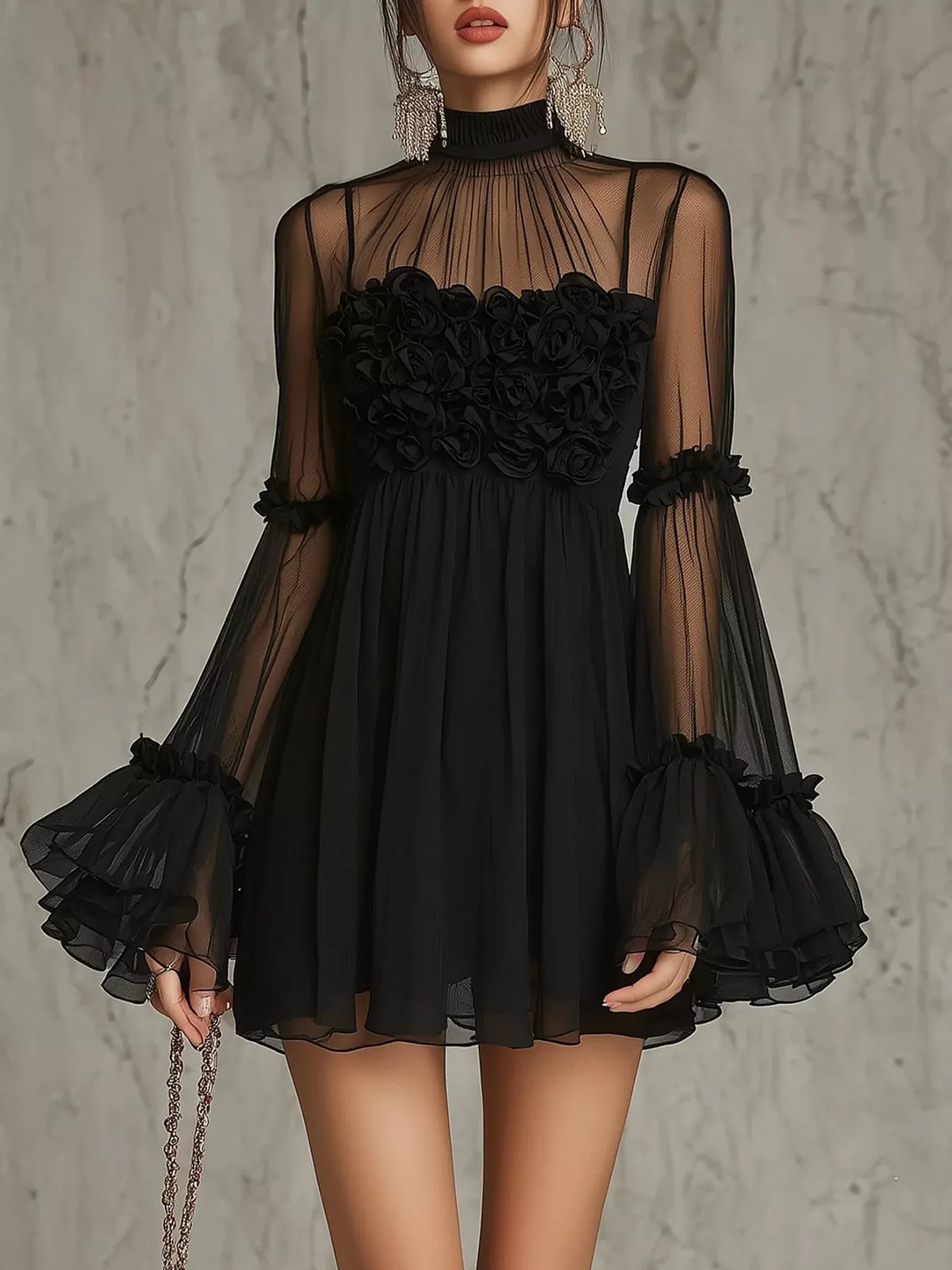 Sheer Mesh Flare Sleeve Mini Dress - Black - View 1