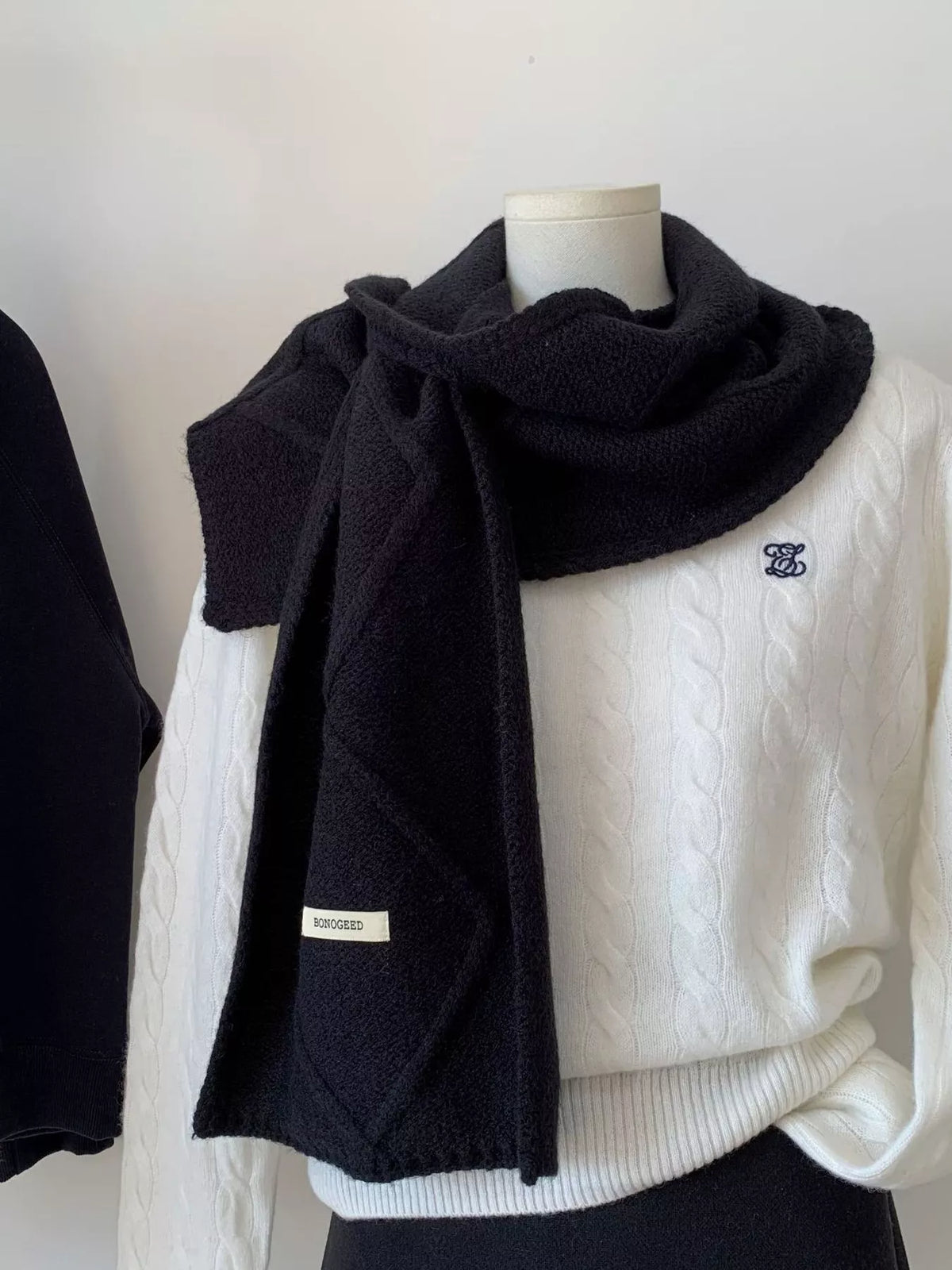 Solid Color Knitted Winter Scarf - Black - View 5