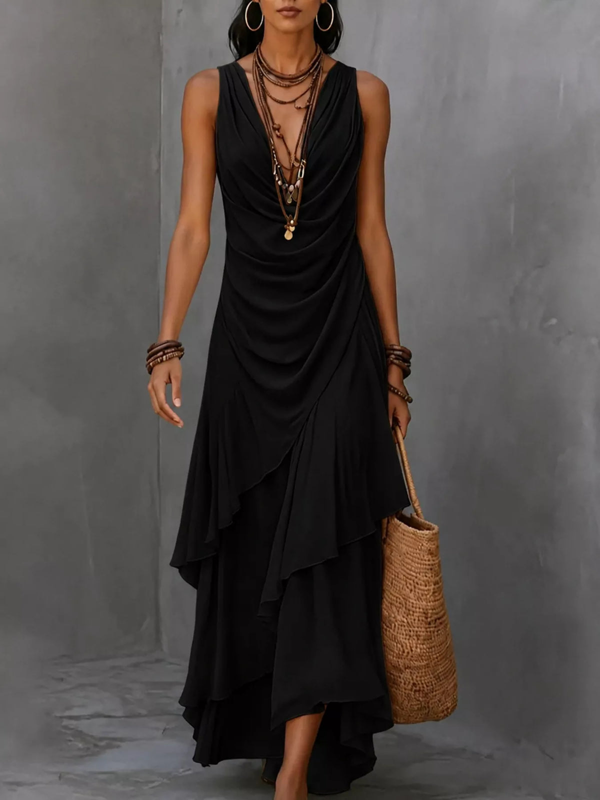 Sleeveless Layered Ruffle Hem Maxi Dress - Black - View 1