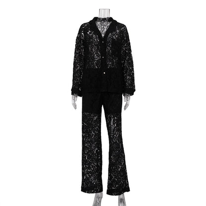 New lace perspective two-piece set for sexy and spicy women, fashionable lapel shirt and pants set
