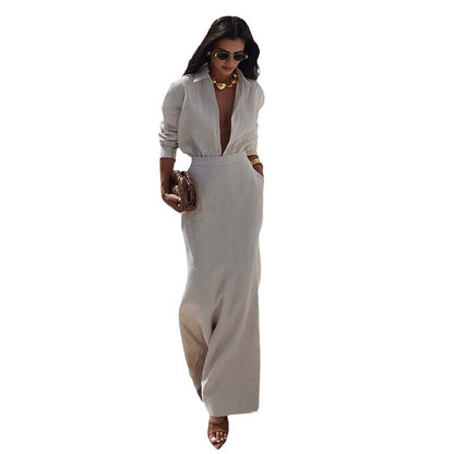 Women's Long Sleeve Collar Shirt with High Waist Slim Fit Skirt Two-Piece Set