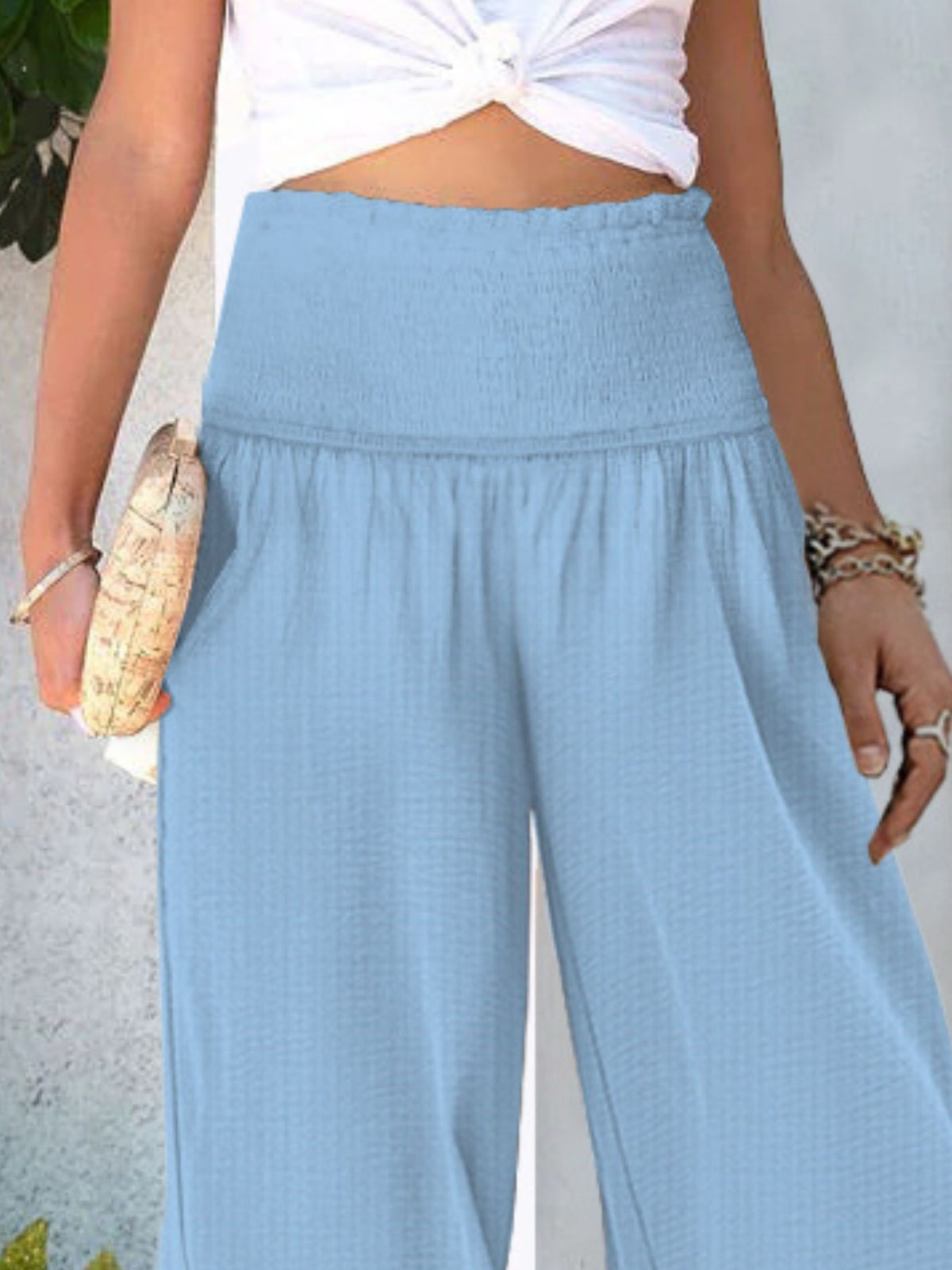 Wide-Leg Smocked Waist Pants - Sky Blue - View 11