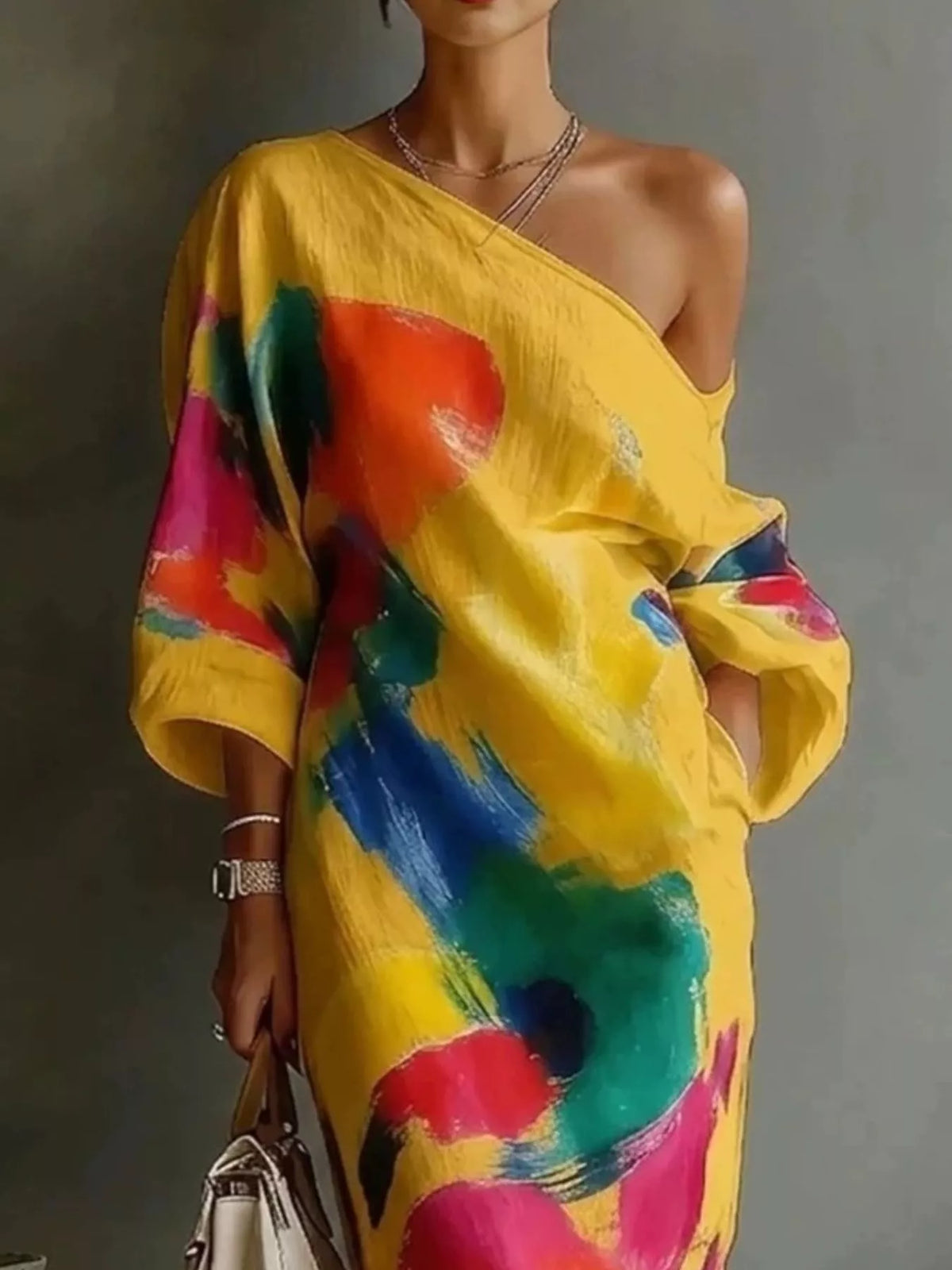 Full Size One-Shoulder Abstract Print Loose Fit Maxi Dress Plus Size - Yellow - Original supplier view 6