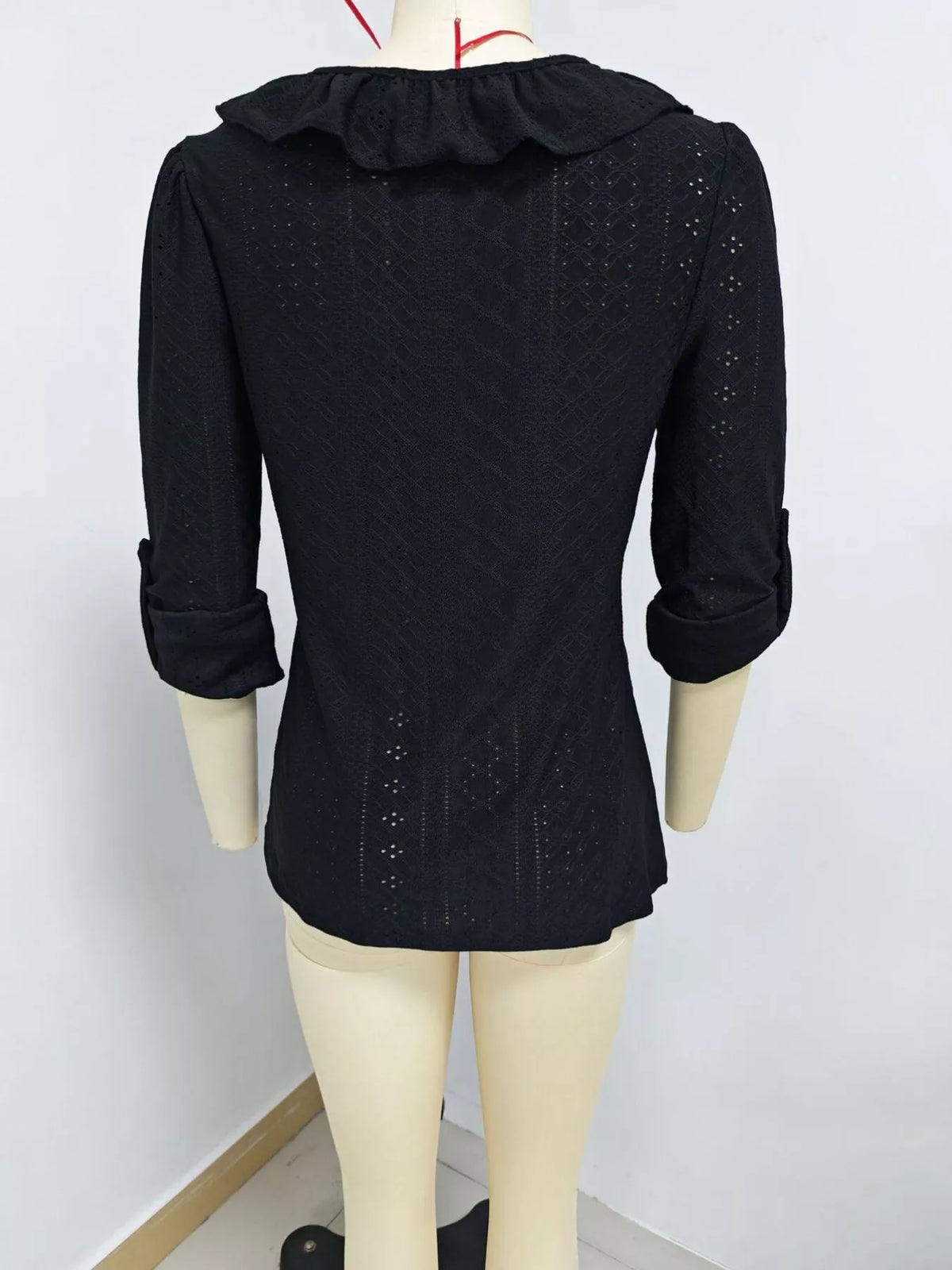 Eyelet Ruffle V-Neck Blouse - Black - View 3