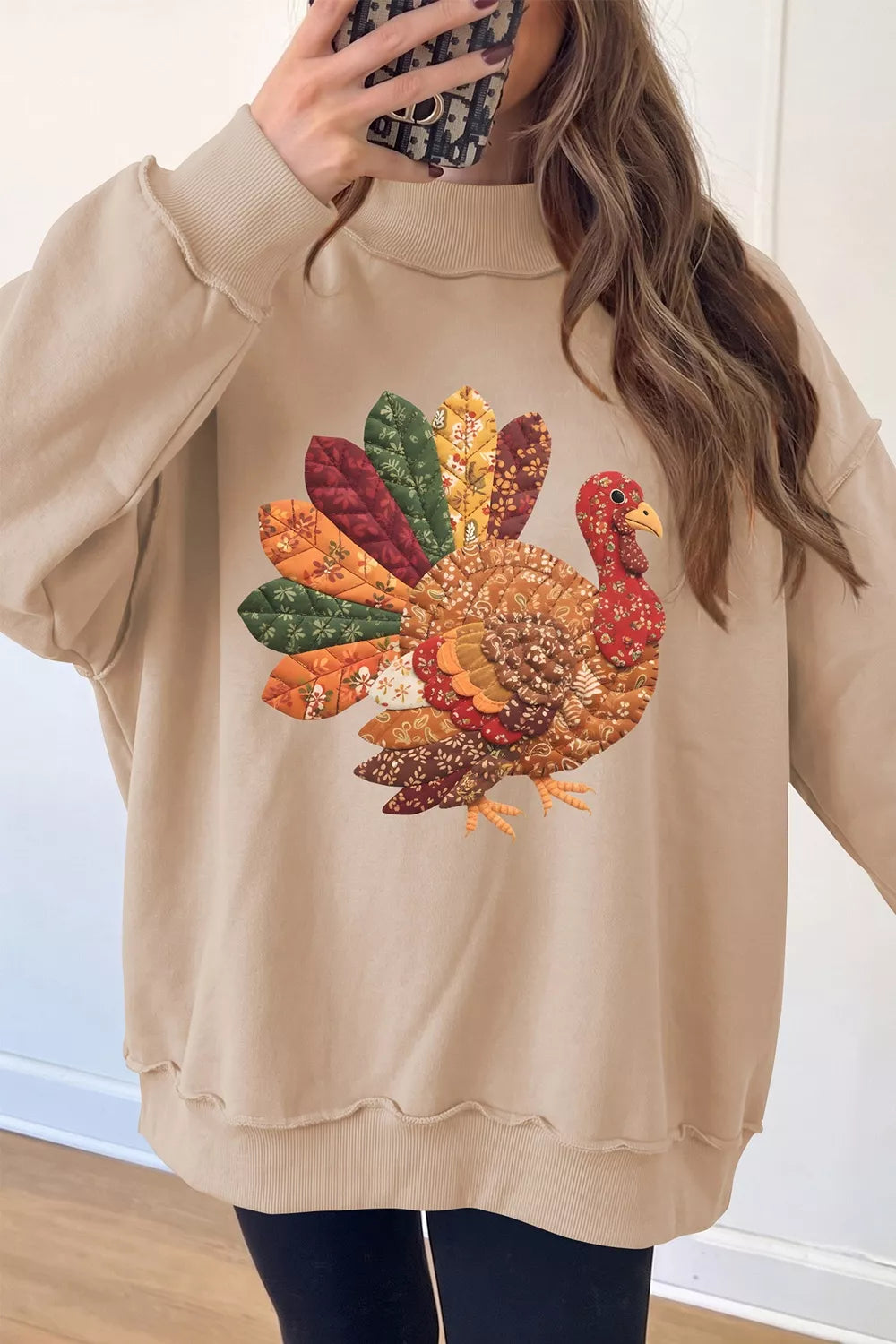 Thanksgiving Patchwork Turkey Graphic Mock Neck Sweatshirt - Khaki - View 2