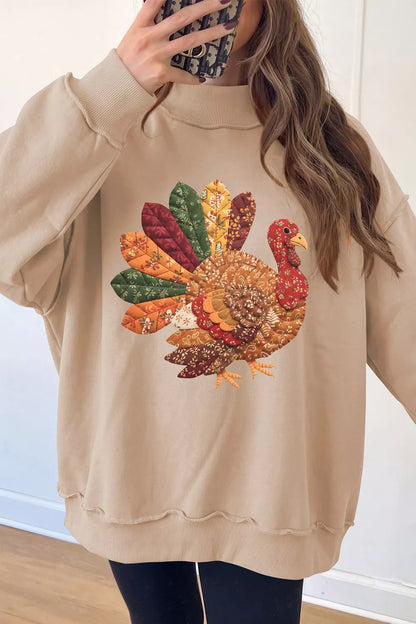 Thanksgiving Patchwork Turkey Graphic Mock Neck Sweatshirt - Khaki - View 2