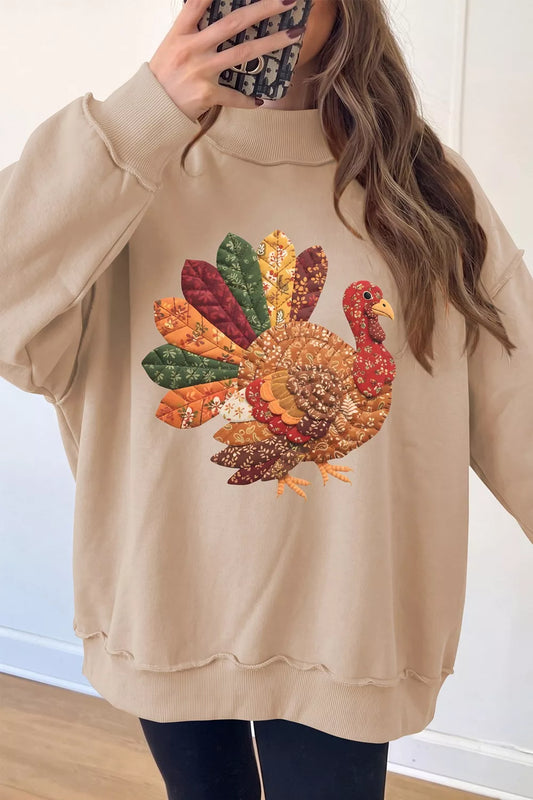 Thanksgiving Patchwork Turkey Graphic Mock Neck Sweatshirt - Khaki - View 2