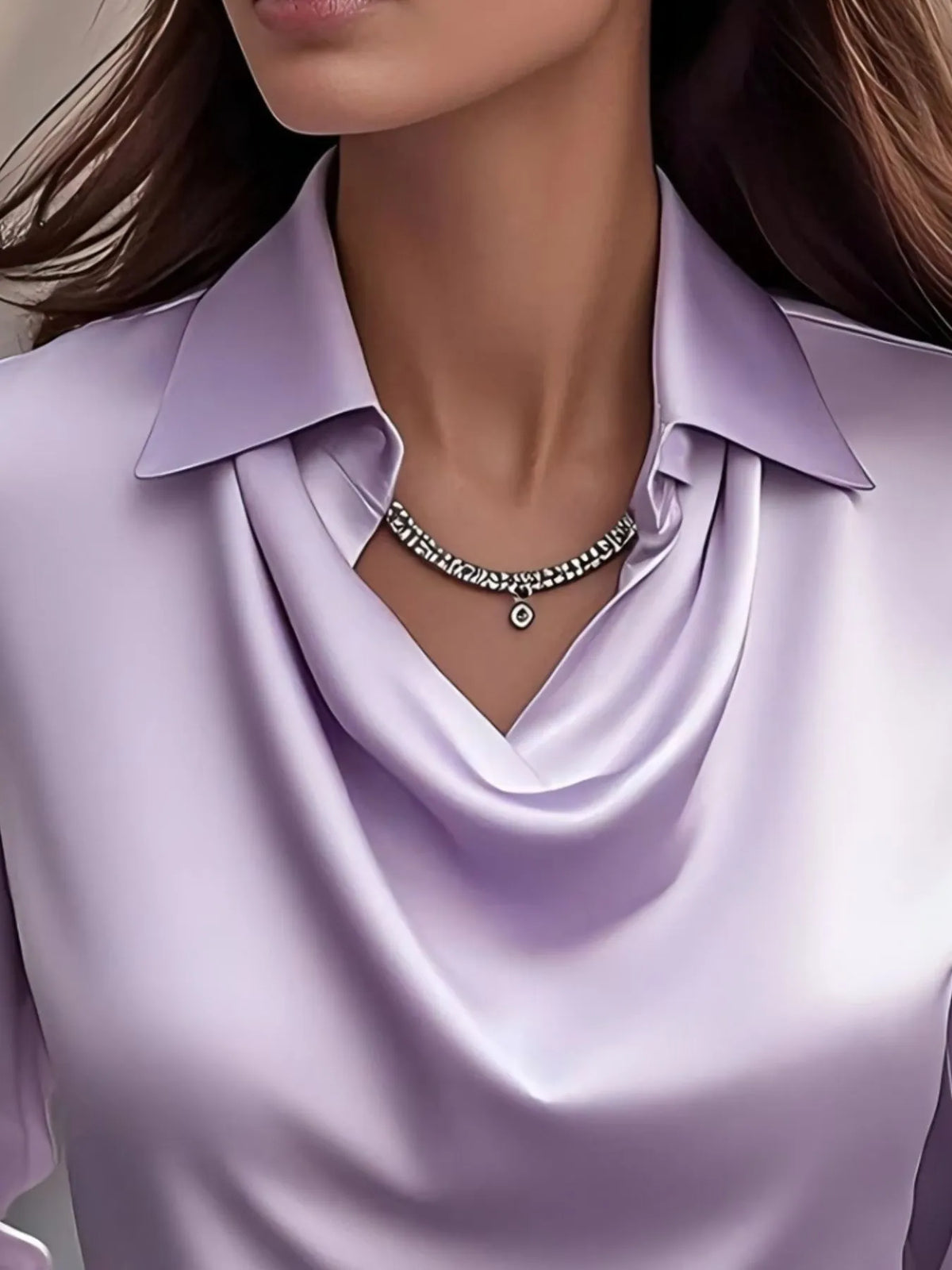 Satin Collar Long Sleeve Blouse - Lavender - View 8