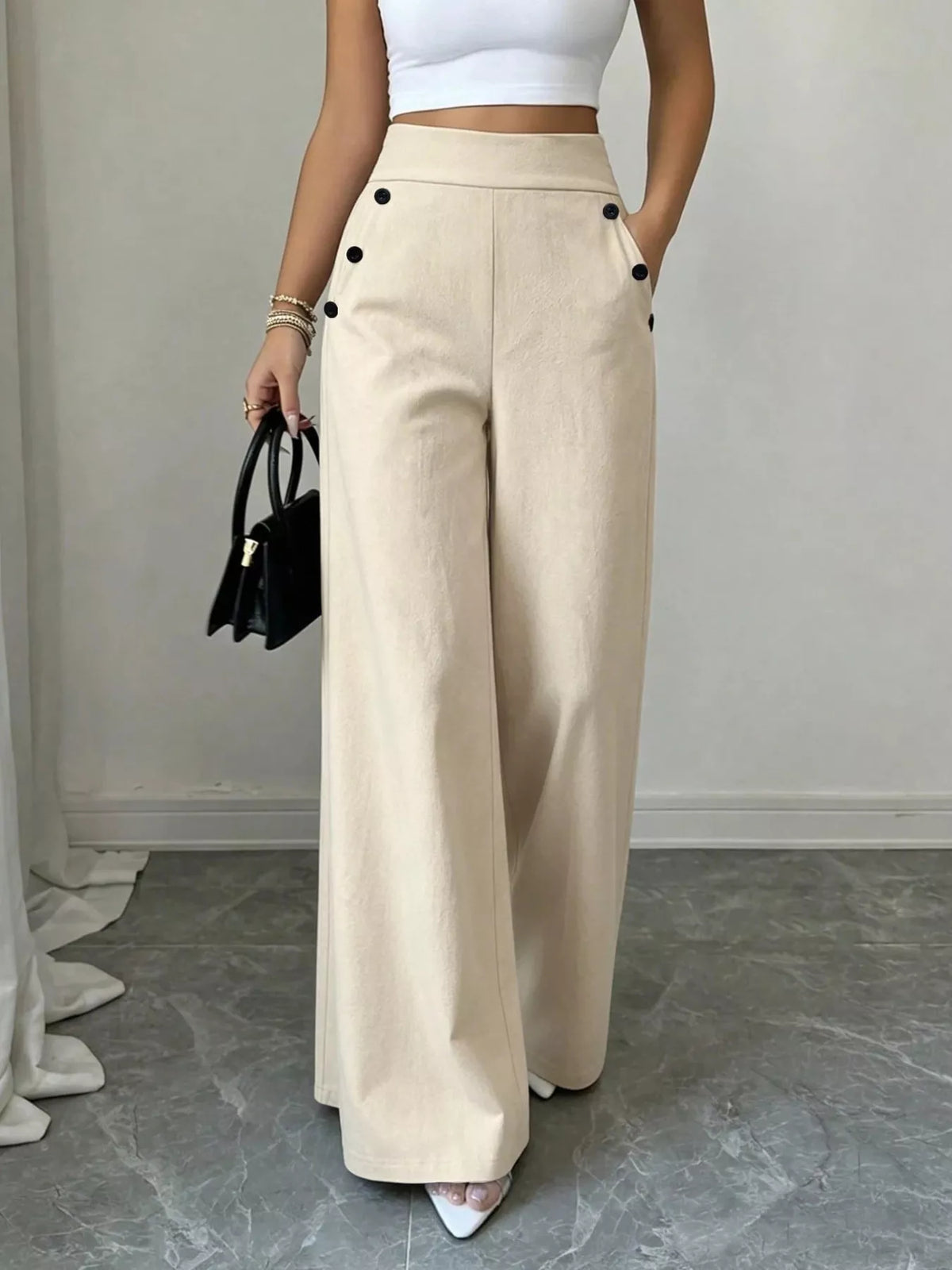 High-Waisted Wide-Leg Pants - Apricot - View 3