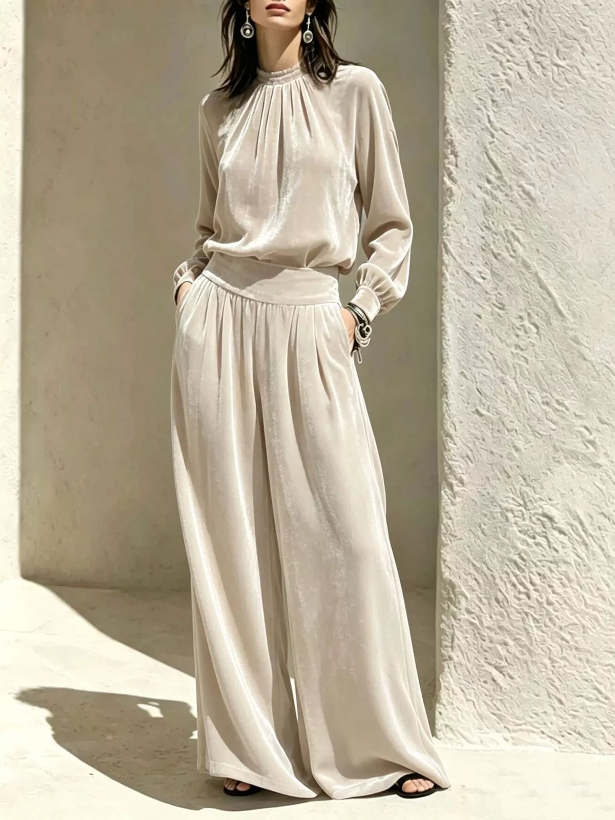 Velvet Mock Neck Long Sleeve Top and Wide-Leg Pants Set - Beige - View 1