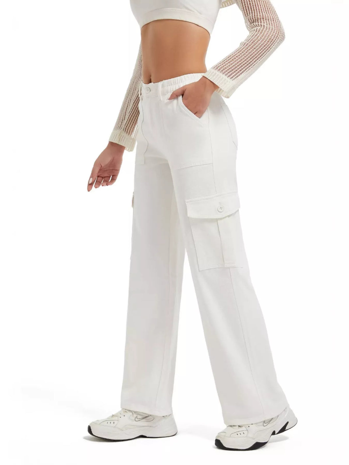 High-Waisted Cargo Jeans - White - View 2