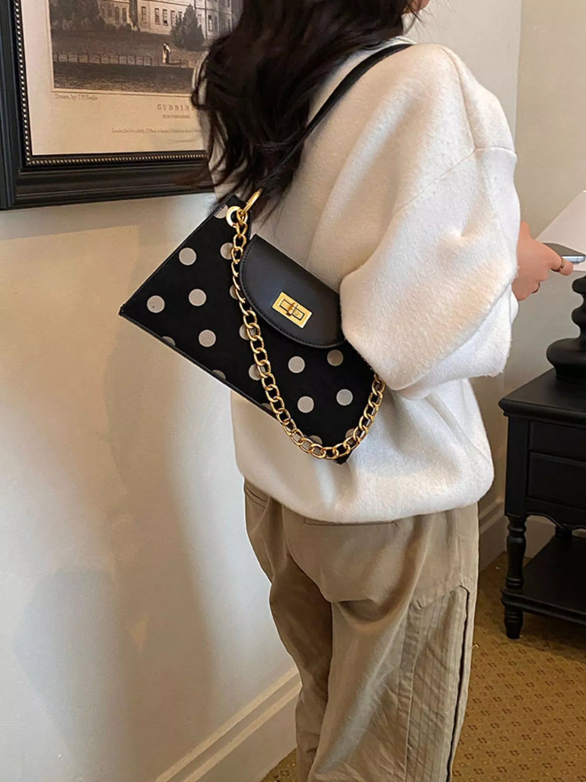 Polka Dot Shoulder Bag - Black - View 5