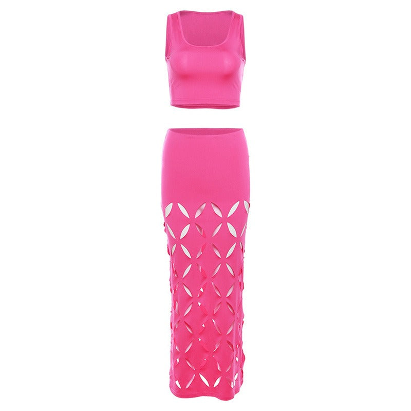Summer European and American women's hollowed out sleeveless top slim fit sexy long skirt set