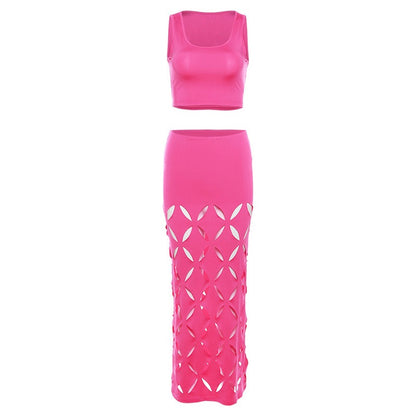 Summer European and American women's hollowed out sleeveless top slim fit sexy long skirt set
