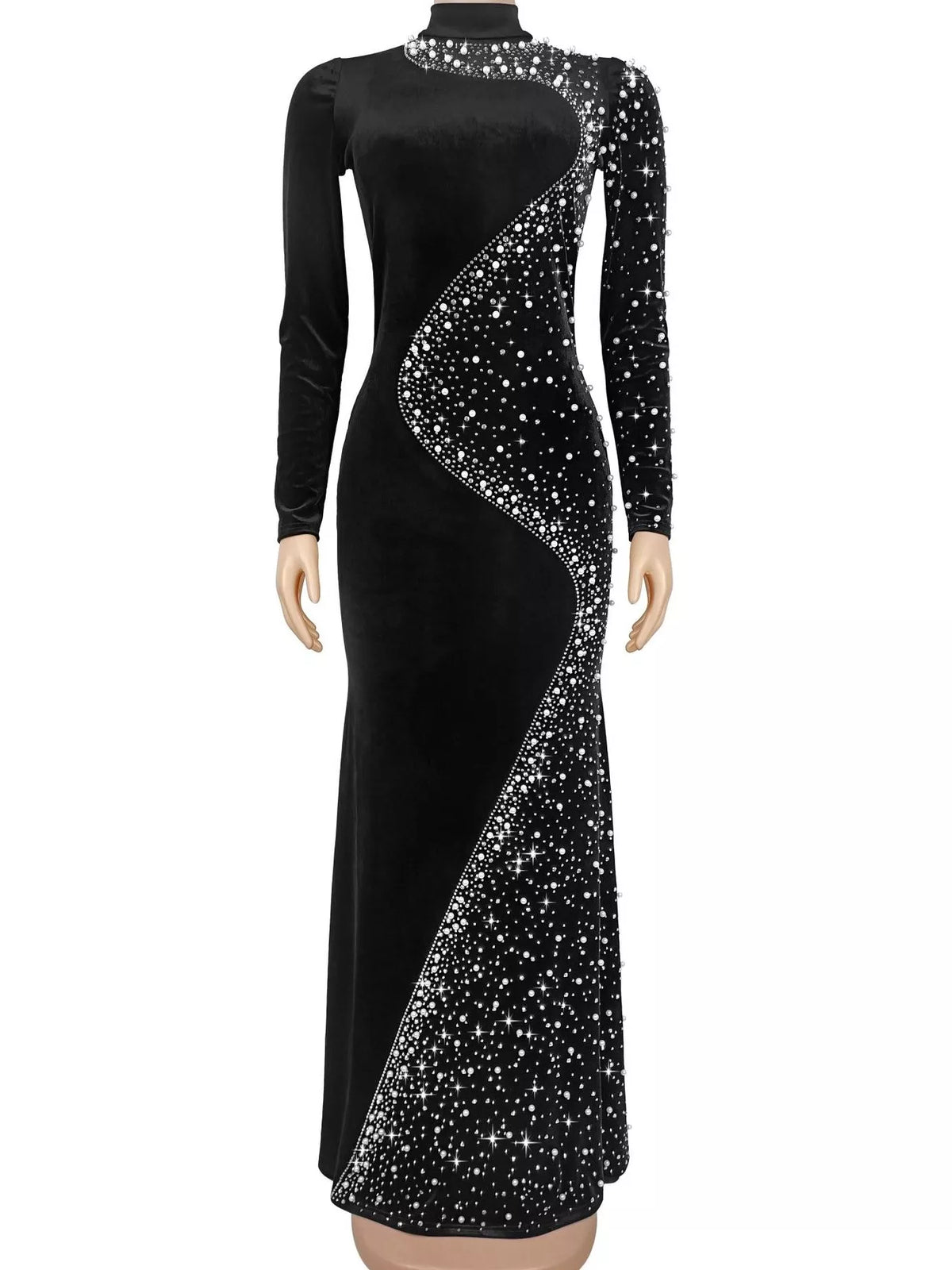 Rhinestone Embellished Velvet Mermaid Evening Maxi Dress - Black - View 3