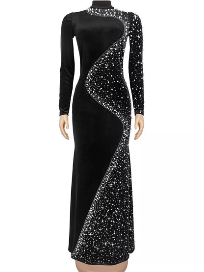 Rhinestone Embellished Velvet Mermaid Evening Maxi Dress - Black - View 3