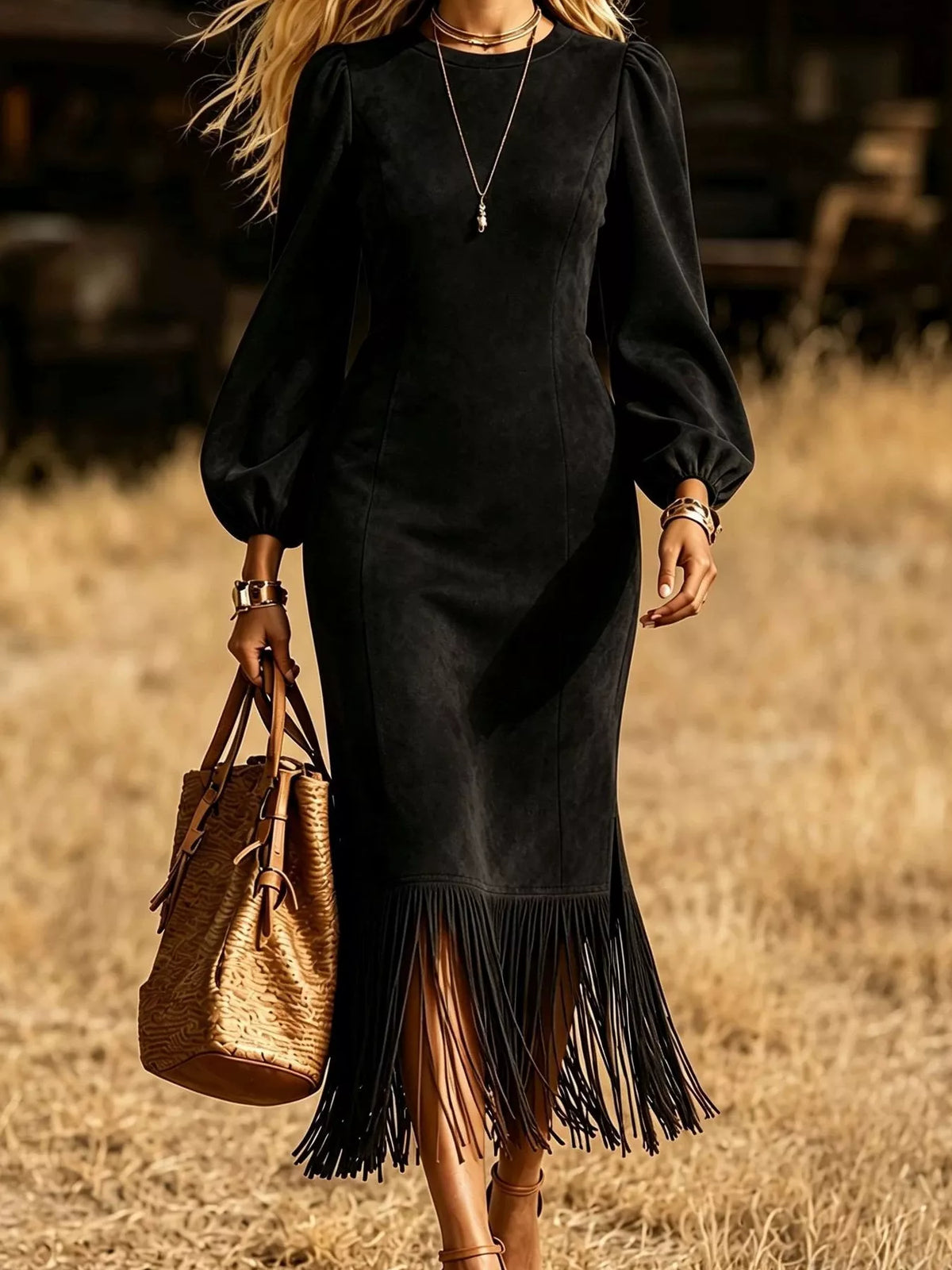 Fringe Hem Balloon Sleeve Midi Dress - Black - View 3