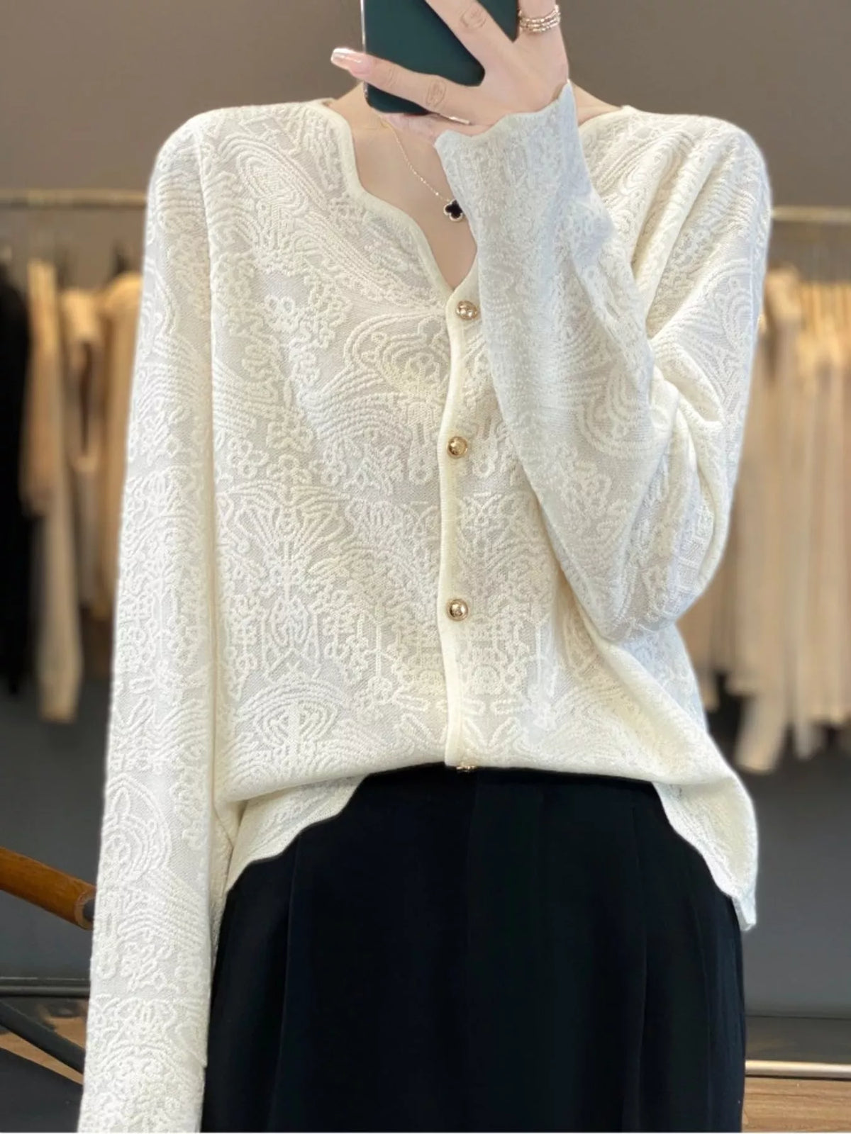 Lace V-Neck Cardigan - Apricot Beige - View 1