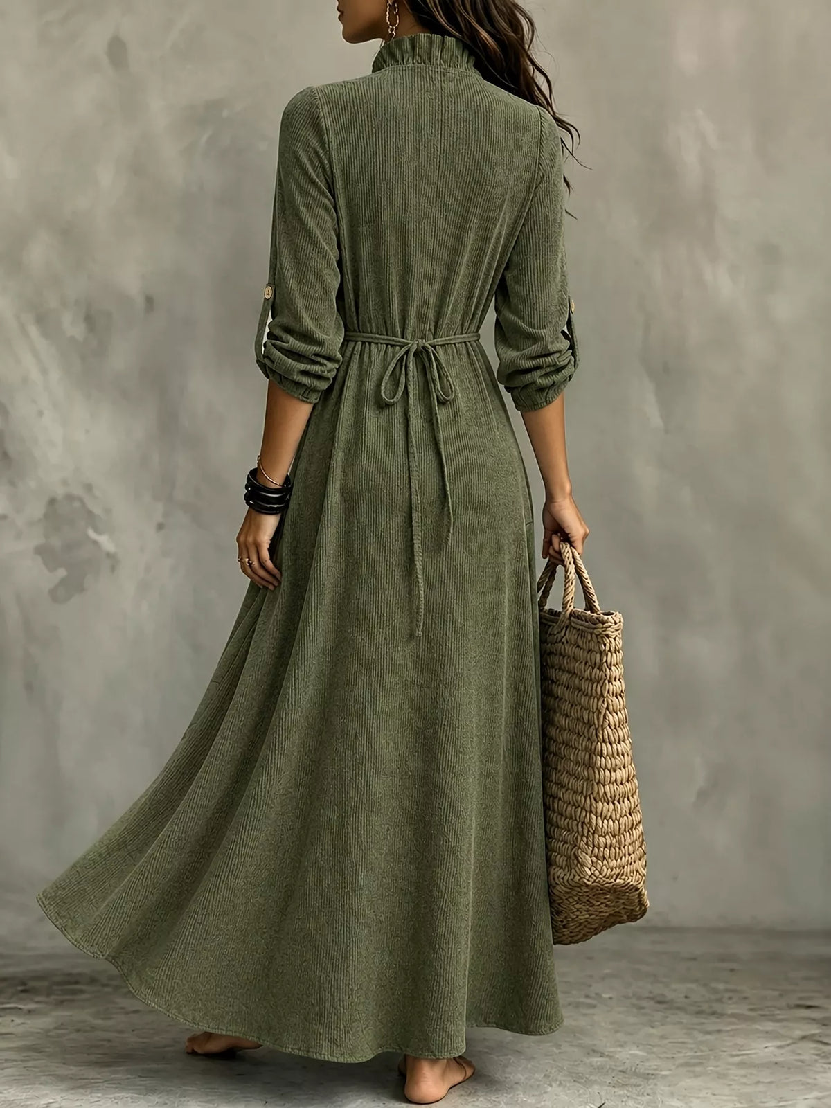 Full Size V-Neck Maxi Dress with Roll-Up Sleeves Plus Size - Green - View 2