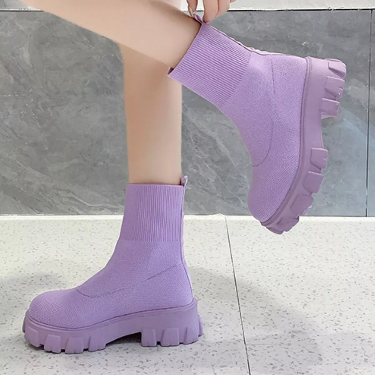 Round Toe Block Heels Boots - Lavender - View 22