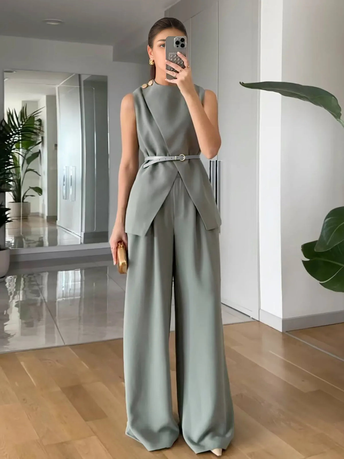 Sleeveless Top and Pants Set - Sage - View 5