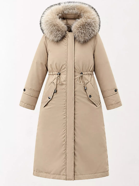 Plus Size Detachable Longline Hooded Parka with Faux Fur Trim and Drawstring Waist - Khaki - View 2