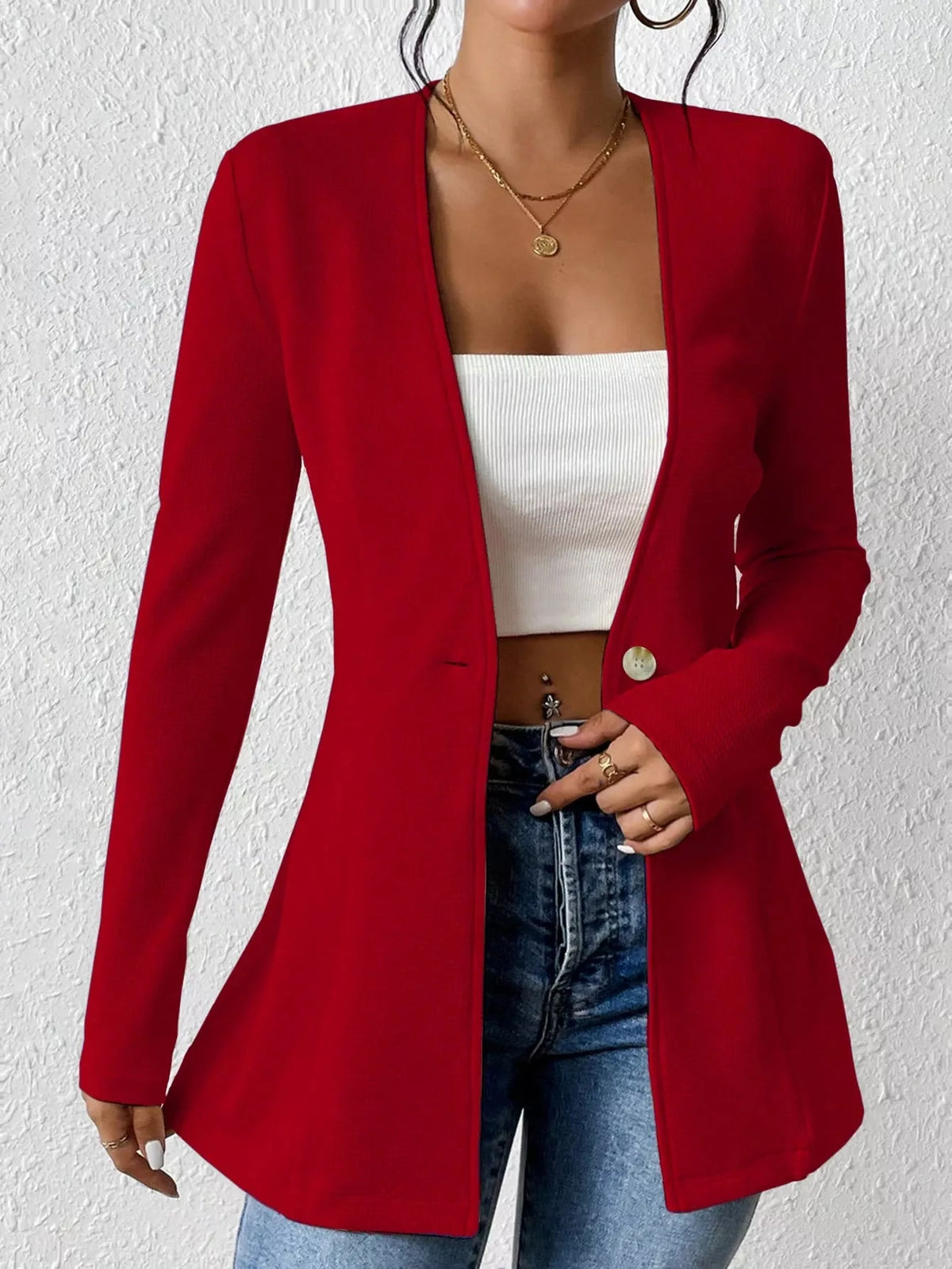 One Button Long Sleeve Blazer - Red - View 18