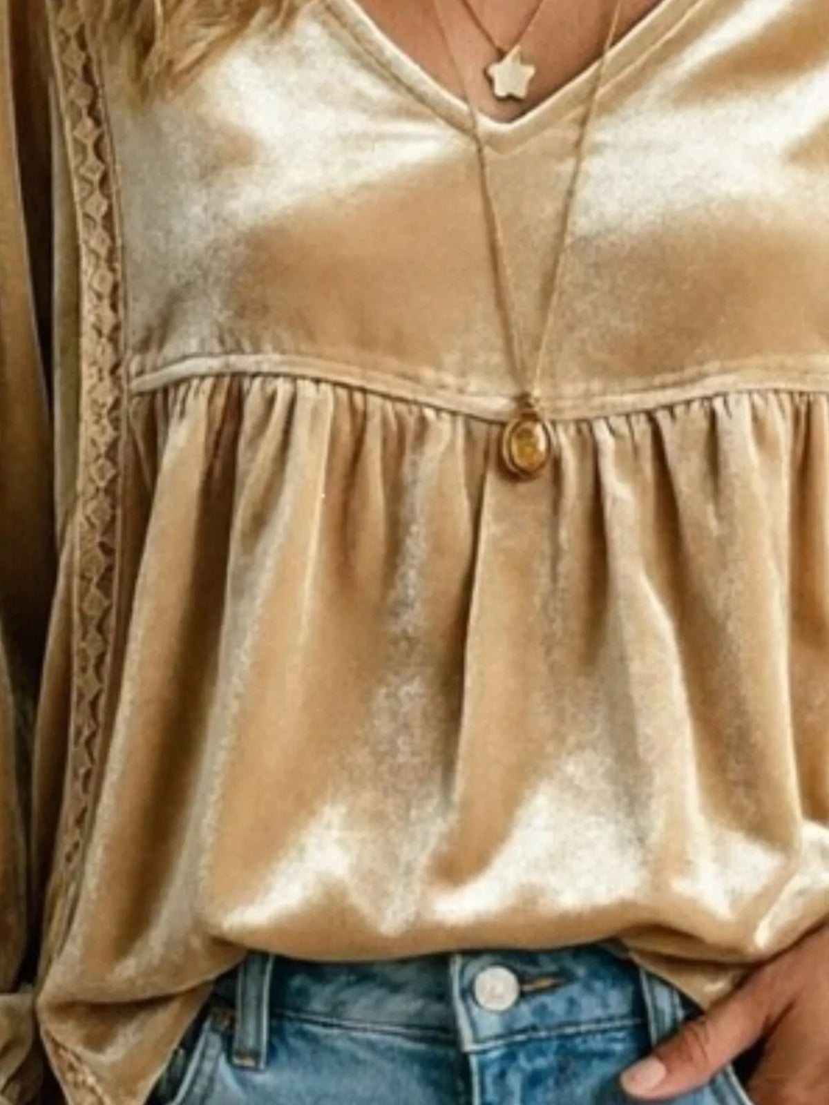Full Size V-Neck Long Sleeve Velvet Blouse with Lace Trim Plus Size - Gold - View 3