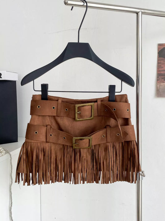 Fringe Belted Mini Skirt - Khaki - View 1