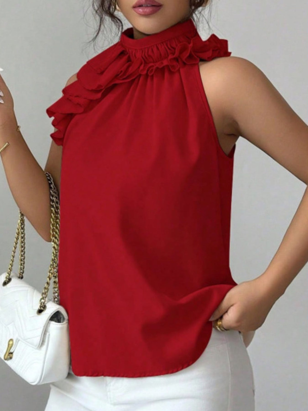 Ruffle High Neck Sleeveless Top - Red - View 15